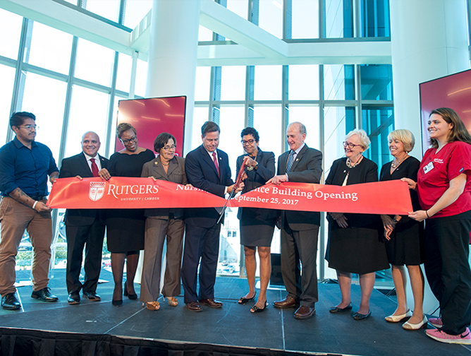 President Barchi joins in cutting ribbon for the Nursing and Science Building at Rutgers-Camden